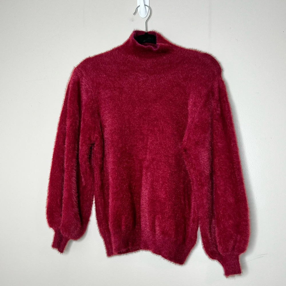 Nova Vintage Burgundy Wine Fuzzy Soft Stretchy Puff Sleeve Mockneck Sweater XS